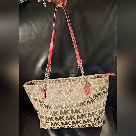 Michael Kors Monogrammed Shoulder Handbag with Red Leather accents EUC - Picture 14 of 16